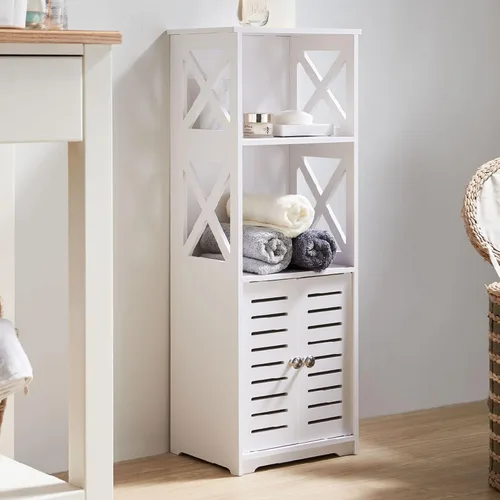 Vista 3 de Kings Brand Furniture - Gabinete de almacenamiento para piso de baño, armario de inodoro lateral con puerta y estantes, color blanco