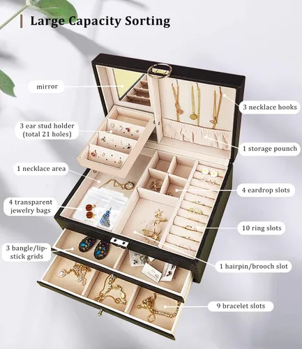 Vista 3 de Caja de almacenamiento de joyas cajas organizadoras de joyas grandes de 3 capas para mujeres y niñas vitrina de joyería de piel sintética con 2