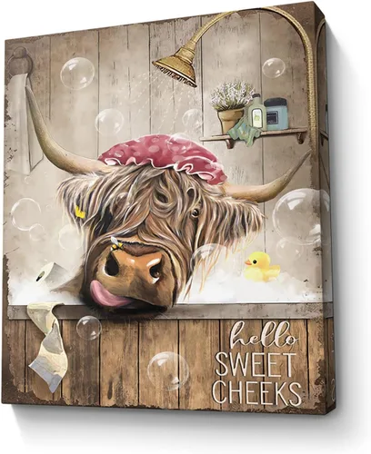 Vista 16 de Bonito oso para decoración de baño, arte de pared divertido con estampado de oso de casa de campo, pintura decorativa de pared enmarcada moderna