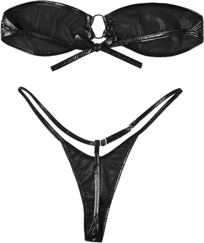Vista 4 de Sywiyi Traje de baño de trikini brillante metálico para mujer, con cuello halter, tanga con cordones, lencería