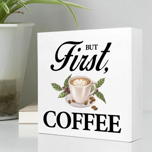 Vista 3 de Ruvoty Letrero de madera con texto en inglés «But First Coffee», decoración de escritorio, ideas de regalo para amantes, decoración de estación