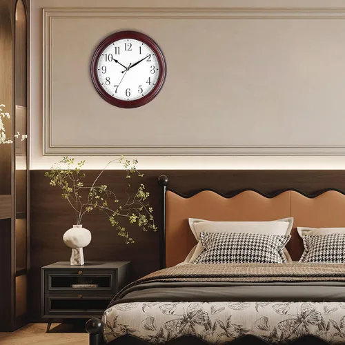 Vista 4 de Reloj de pared de madera redondo de 14 pulgadas, funciona con pilas, sin tictac, analógico, rústico, para cocina, sala de estar, dormitorio, día