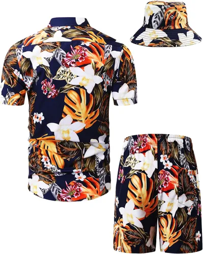 Vista 107 de TUNEVUSE Conjunto de camisas y pantalones cortos hawaianos para hombre, 2 piezas, trajes de playa con estampado de flores, traje tropical de verano