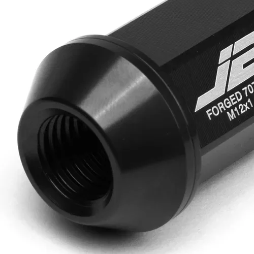 Vista 4 de J2 Engineering 20 piezas de tuercas de aluminio 7075 de extremo abierto M12 x 1,5 con adaptador de zócalo, negro, para asiento cónico