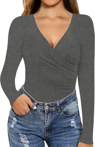 Vista 2 de MANGOPOP Body de manga corta para mujer, con cuello en V profundo, cuello en V profundo