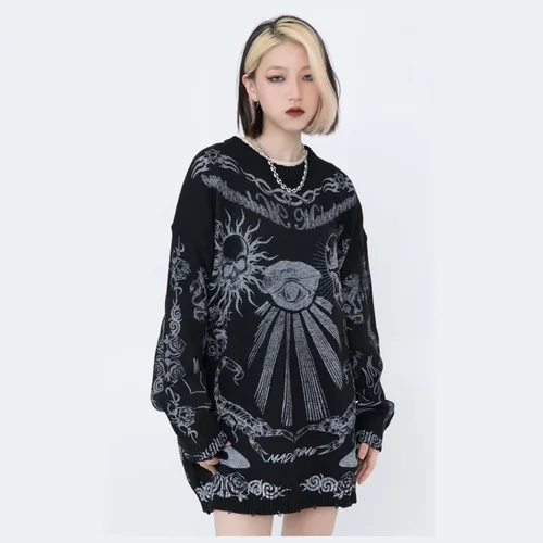 Vista 5 de Ethbox Harajuku - Suéter de calle retro gótico con diseño de calavera, suéter de manga larga con estampado de hip hop