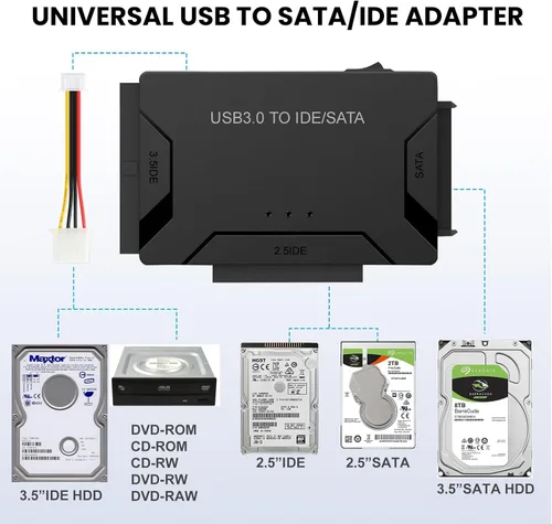 Vista 4 de Adaptador USB 3.0 a IDE SATA lector de disco duro para disco duro HDD/SSD de 2.5/3.5, cable de convección externa de ultra recuperación incluye