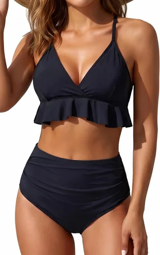 Vista 21 de Tempt Me - Traje de baño de dos piezas para mujer, bikini de cintura alta con volantes y control de abdomen Rojo neón