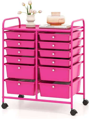 Vista 10 de DREAMADE Carrito rodante con cajones de almacenamiento, carrito utilitario con cajones de plástico extraíbles, ruedas con cerradura, carrito de arte