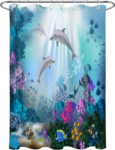 Vista 6 de Dolphin - Cortina de ducha pequeña de 48 x 68 pulgadas, forro de cortina de ducha de tamaño medio océano azul, cortina de ducha estrecha de peces