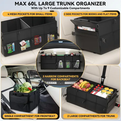 Vista 4 de Organizador de maletero de automóvil para SUV 60L Organizador de automóvil para asiento trasero Asiento trasero Compartimento de almacenamiento