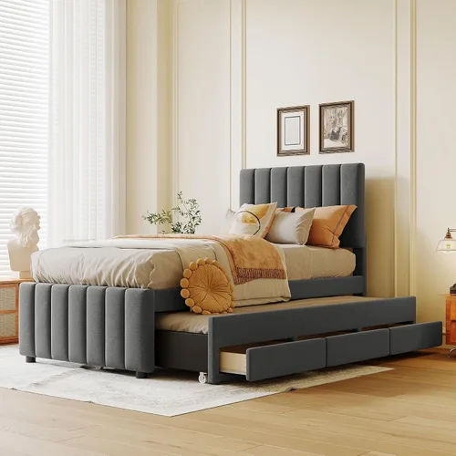 Vista 12 de Harper & Bright Designs Base de cama con plataforma de almacenamiento elevable de tamaño individual con cabecera capitonada de canal vertical Beige