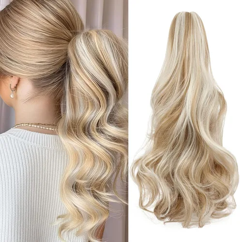 Vista 15 de Felendy Extensión de cola de caballo de 18 pulgadas, mezcla de rubio ceniza, marrón oscuro, rizado, ondulado, con clip, extensiones de cabello largo