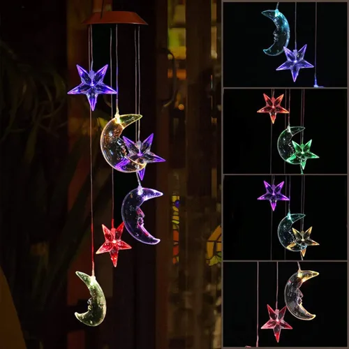 Vista 8 de Campanilla de viento LED solar de luna y estrella, cambiante de color, impermeable, seis luces colgantes, campanillas de viento, móvil solar