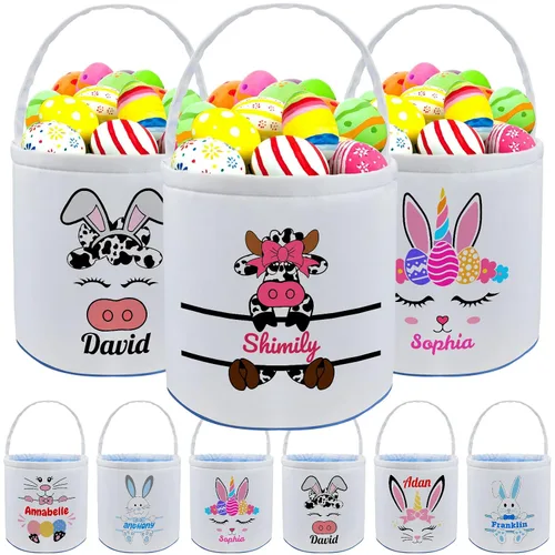 Vista 26 de Cesta de Pascua personalizada con nombre para niños, lona personalizada, cubo de Pascua, regalo para niños y niñas