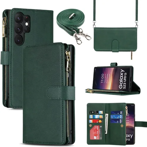 Vista 23 de Cavor Funda tipo cartera cruzada para Samsung Galaxy S22 Plus, color negro Funda de cuero con cierre magnético con cremallera y función atril TPU
