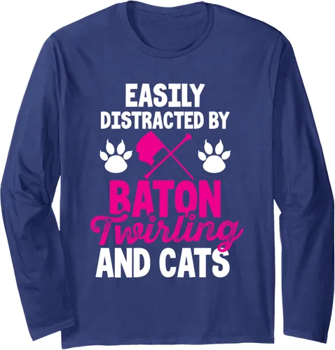 Vista 6 de Camiseta de manga larga con texto "easy Distracted By Baton Twirling and Cats Majorette Twirling", Negro