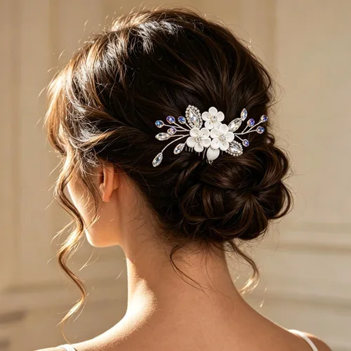 Vista 5 de Catery Peine para el cabello de boda con diseño de flores para novia, color plateado, pequeño peine lateral azul, accesorios de joyería para mujeres