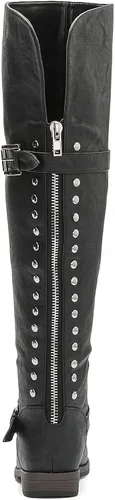 Vista 4 de CentroPoint Botas sobre la rodilla para mujer, botas de tacón plano de pantorrilla ancha, punta redonda, hebilla con cremallera, botines