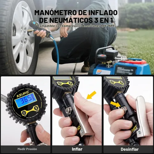 Vista 3 de Inflador digital de neumáticos con medidor de presión, 200 PSI, manguera