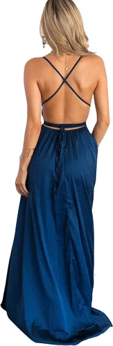 Vista 2 de Yimeili vestido largo de fiesta para mujer vestido de cóctel sexy satinado con cuello en V profundo espalda descubierta y abertura 30colores S-XXL
