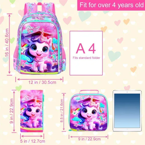 Vista 4 de AGSDON 3PCS Backpacks for Girls, 16" Elementary Kids Backpack Preschool School Bookbags and Lunch Box