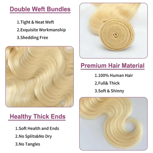 Vista 3 de Extensiones de cabello humano ondulado rubio 613 de 12 pulgadas, 100% sin procesar, grado 14A, cabello humano virgen brasileño sin procesar, 1