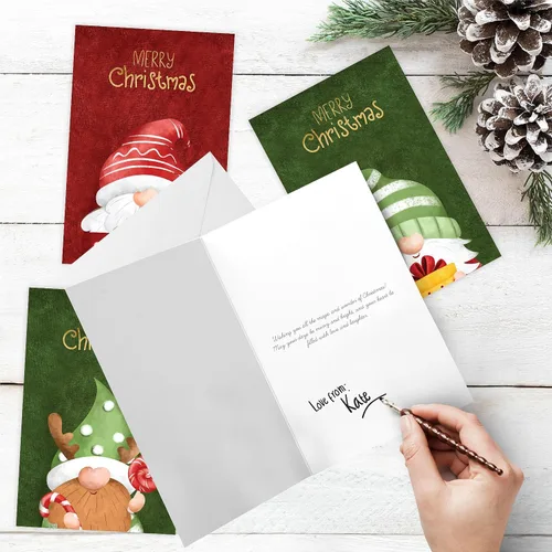 Vista 6 de easykart labels 20 tarjetas de gnomo navideño con sobres y pegatinas de sellado, 4 diseños navideños de Santa con efecto de hoja dorada, 6.75" x