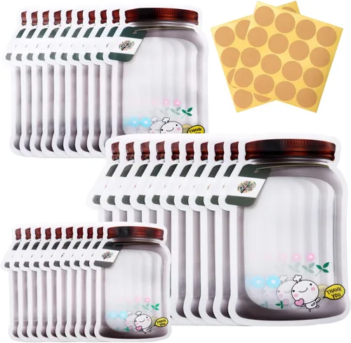 Vista 9 de KESTAR 30 bolsas con cremallera para tarros de masón, bolsas de almacenamiento de especias, bolsas reutilizables para guardar alimentos, bolsas