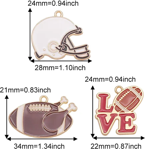 Vista 2 de yaokan Paquete de 16 dijes esmaltados para casco de fútbol americano – I Love Sports Rugby Ball Colgantes para bricolaje, collar, pulsera, aretes