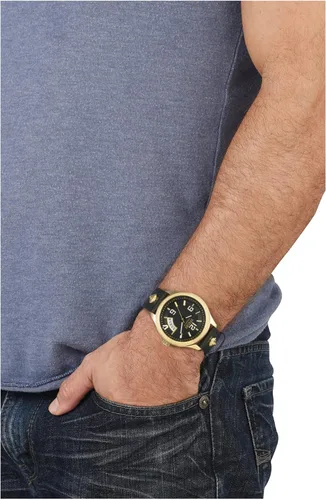 Vista 4 de Versus Versace Reale Collection Reloj de lujo para hombre con correa negra con una caja de oro amarillo IP y esfera negra, Oro, Real