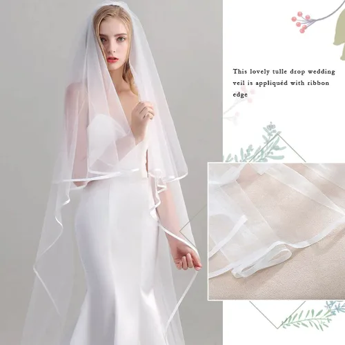 Vista 4 de Unsutuo 2 Tiers Bride Wedding Veil Ivory Ribbon Cathedral Veil Bridal Tulle Veil for Women and Girls Ivory
