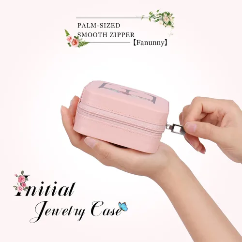 Vista 4 de Joyero de viaje, pequeño joyero, regalos para mujeres y niñas, mini organizador de joyas portátil rosa para aretes, anillos, collares con inicial J
