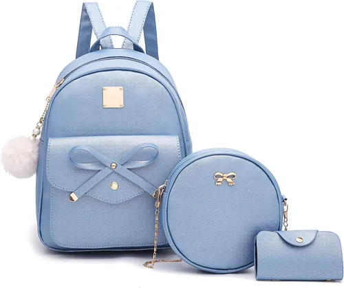 Vista 12 de I IHAYNER Mochila de cuero de moda de 3 piezas con lazo para niñas, mochila, bolso para mujer, mochila para damas, bolsa de hombro Beige