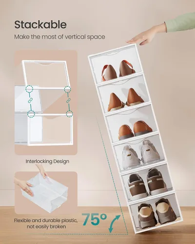 Vista 3 de SONGMICS Cajas de zapatos, organizador de almacenamiento de zapatos para armario, caja apilable de plástico para tenis, paquete de 12, transparente