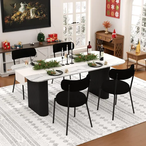 Vista 20 de Juego de mesa de comedor ovalada negra moderna de 70.9 pulgadas para 4, mesa de cocina rectangular estilo crema con sillas negras Boucle, juego