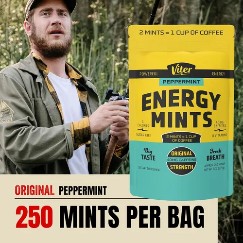 Vista 2 de Viter Energy Mentas con cafeína, 40 mg de cafeína, vitaminas B, sin azúcar. (menta, 8 onzas, bolsa a granel)