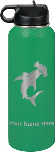 Vista 59 de LaserGram Botella de agua personalizada, tiburón martillo, acero inoxidable de doble pared aislada al vacío con popote superior, regalo grabado