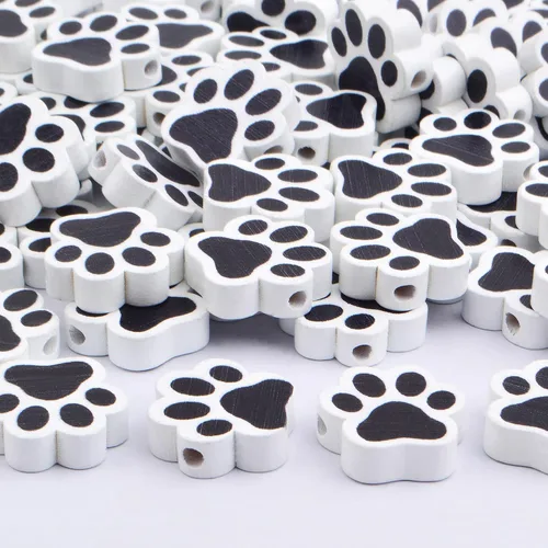 Vista 4 de 100 cuentas espaciadoras de madera con forma de huella de perro para mascotas, cuentas espaciadoras de madera en blanco y negro para hacer joyas
