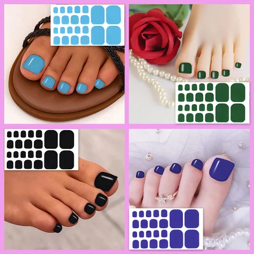 Vista 3 de 20 hojas de tiras de esmalte de uñas de los pies para mujer, calcomanías de color sólido para uñas de los pies, envolturas completas para niñas