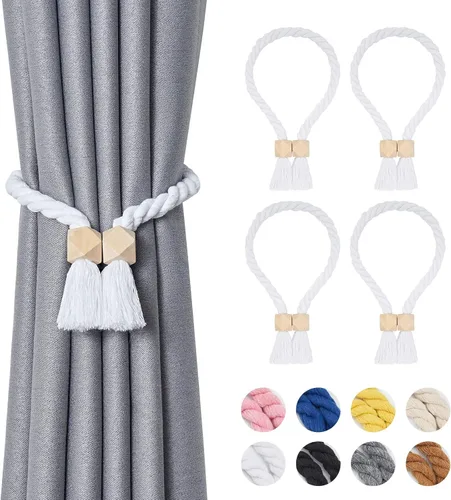 Vista 26 de NICEEC 2 Pack de Alzapaños Magnéticos de Madera en Forma de Cubo Boho para Decoración del Hogar, Alzapaños de Lino Tejidos a Mano para Cortinas Beige