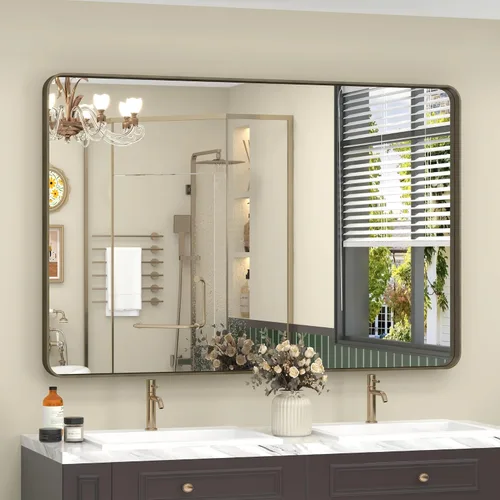 Vista 107 de Paquete de 2 espejos de baño con marco de metal negro de 22 x 30 pulgadas, espejo rectangular redondeado negro mate, antioxidante, se cuelga