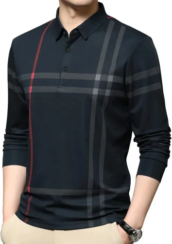Vista 2 de Camisa polo casual a rayas de manga larga con cuello para hombre