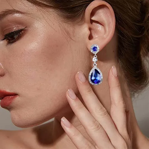 Vista 2 de Aretes colgantes de cristal de zafiro vintage, aretes de gota de zafiro azul, aretes de zafiro con lágrima, aretes colgantes de plata con circonita