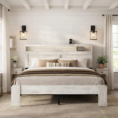 Vista 13 de Marco de cama de madera tamaño King con cabecera, base de cama de plataforma estilo granja rústica con soporte de listones de madera, resistente