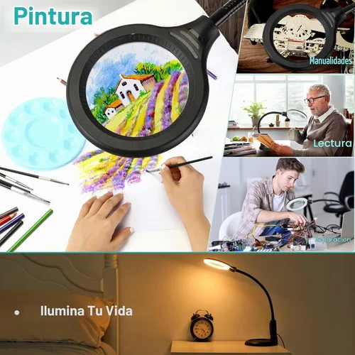 Vista 7 de Lupa 10X con luz y abrazadera, 5 modos de color, lupa iluminada regulable sin escalones con soporte, lámpara de escritorio LED de cuello de cisne