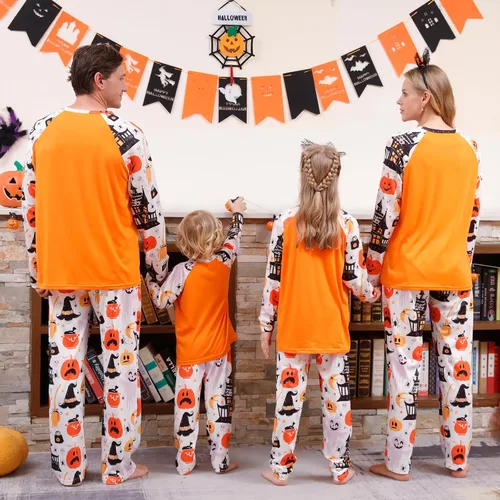 Vista 3 de MAINESAKA Conjunto de pijamas de Halloween a juego para la familia, con estampado de calabazas, conjuntos de pijamas a juego para adultos y niños