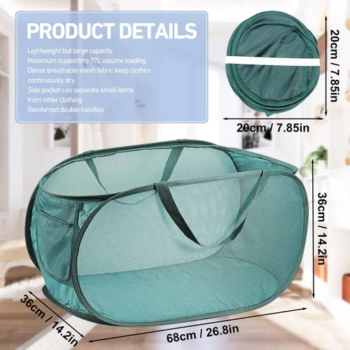 Vista 8 de 2 cestas de malla para la ropa sucia, canastas plegables para la ropa sucia, 75 litros, cesta de almacenamiento horizontal con bolsillo lateral