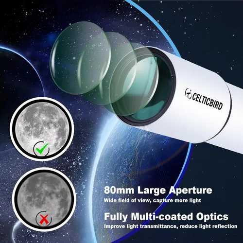 Vista 2 de Telescopio Celticbird para adultos de alta potencia, telescopios de viaje para principiantes de astronomía para adultos Regalos, apertura de 80mm
