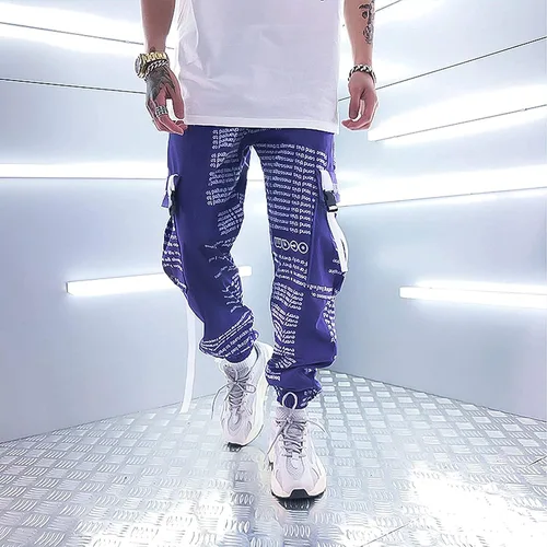 Vista 4 de XYXIONGMAO Pantalones deportivos tácticos casuales japoneses morados para hombre, pantalones de hip hop, ropa de calle, pantalones de carga